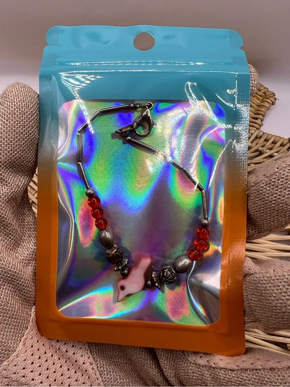 Vintage Southwestern Liquid Silver Pink Mother of Pearl Bird Fetish Bracelet